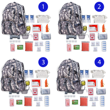 Blue Seventy-Two PRO SERIES camouflage 72-hour emergency kit for 4 people, includes survival supplies and gear.